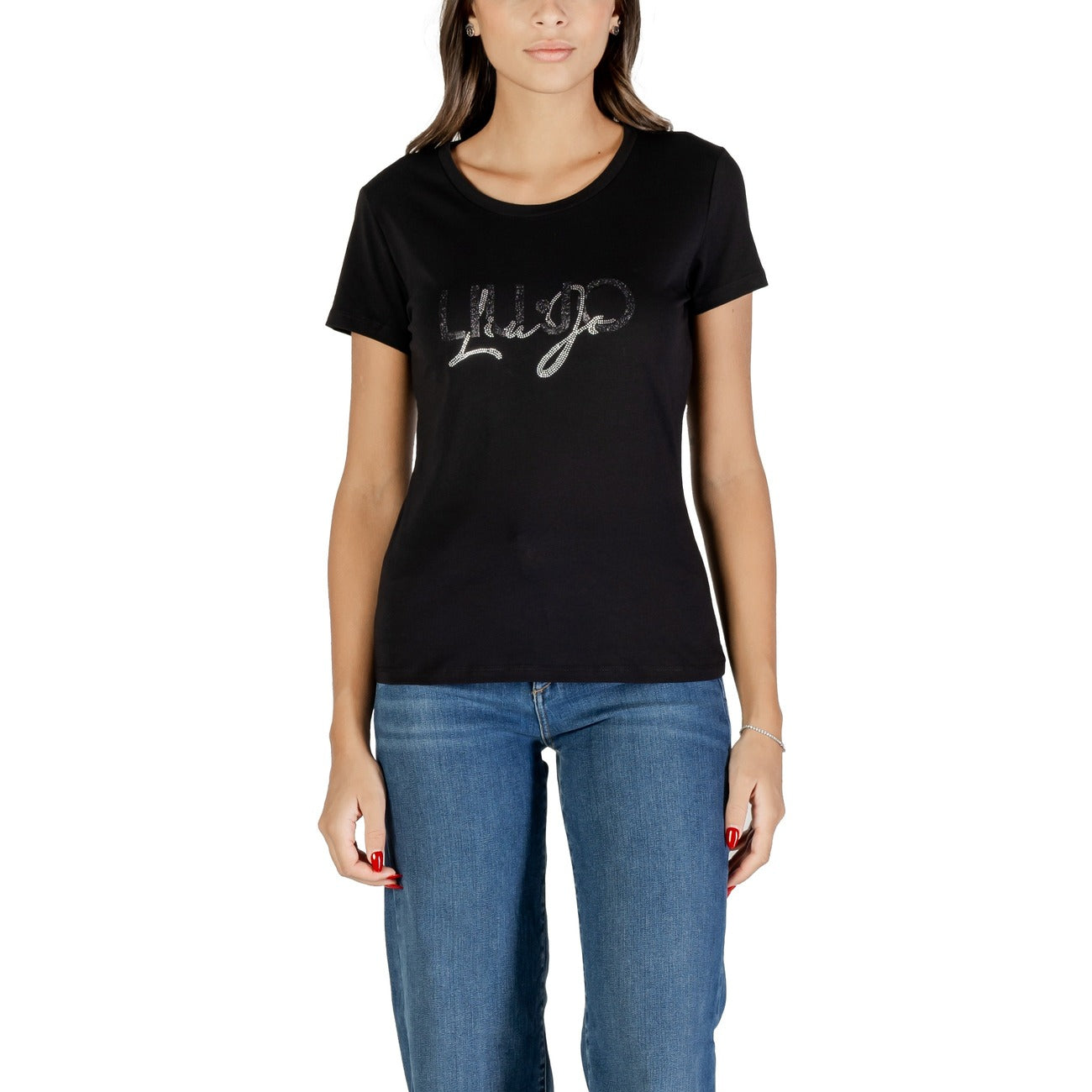 Liu Jo T-Shirt Donna Nera Strass Manica Corta Scollo Tondo 100% Cotone Primavera/Estate TF5287 JS923
