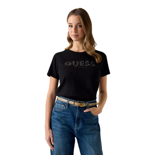 T-shirt Guess Nera con Strass; 100% Cotone. Logo script luminoso, maniche corte, scollo tondo. Vestibilità regolare, stile glamour-casual. Ideale per ogni occasione. Vista frontale 