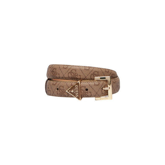 Cintura Donna Beige Guess Noelle; Larghezza 2,5 cm in poliestere e rivestimento in pelle con motivo 4G. Chiusura regolabile con fibbia oro pallido e dettaglio triangolo logo, stile elegante Vista arrotolata 