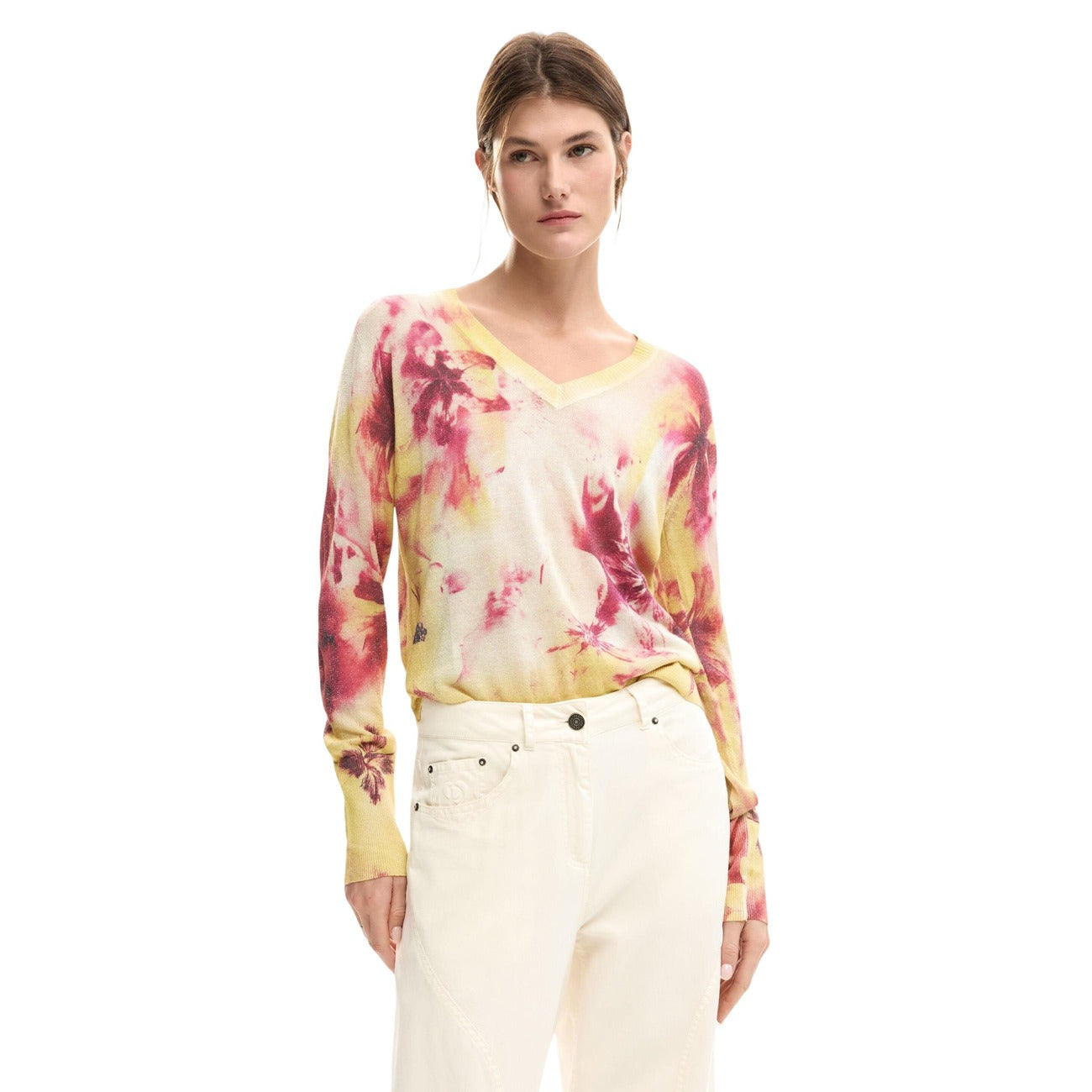Desigual Maglione LEGGERO A FIORI Donna Collezione 2026. Manica lunga scollo a V vista frontale 