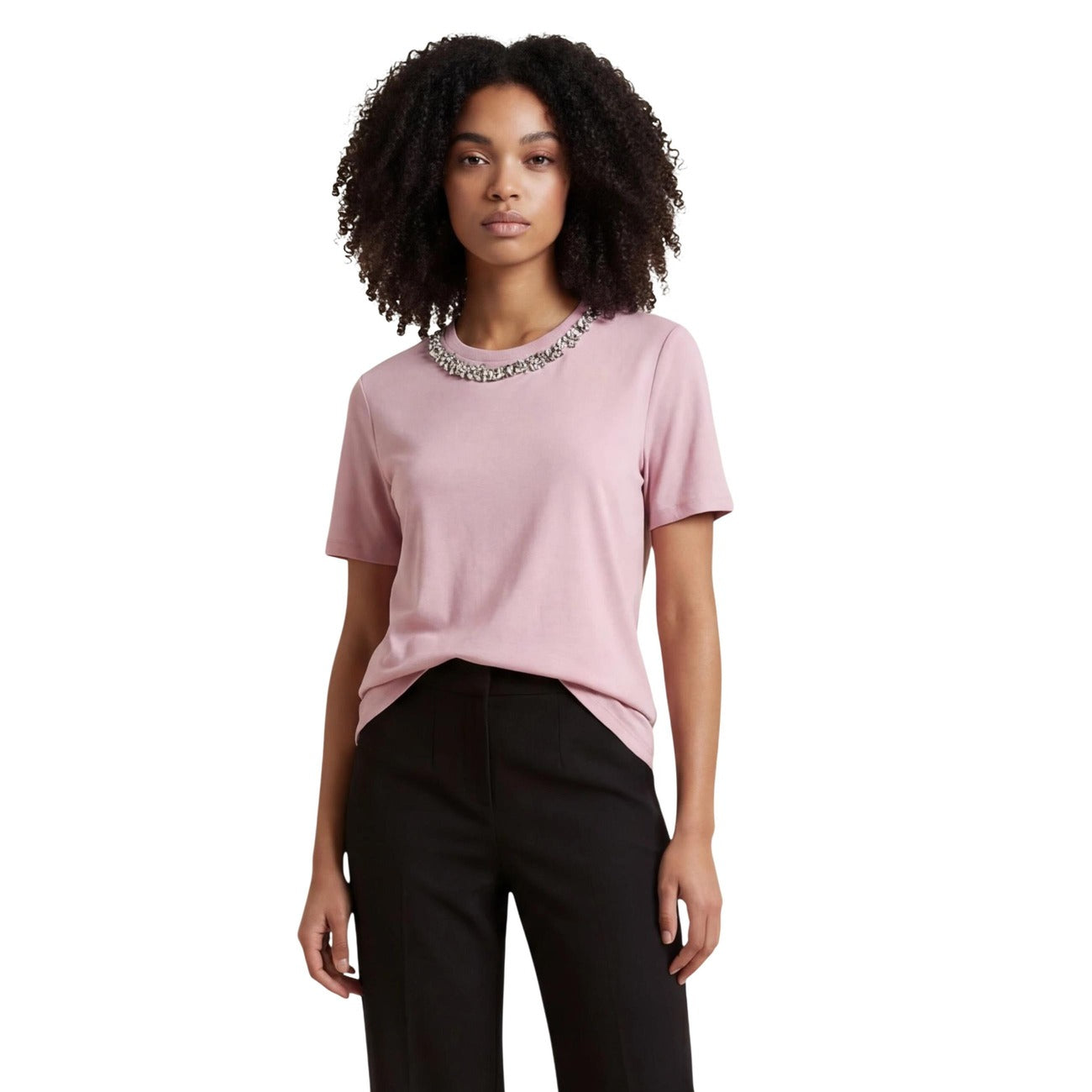 Only T-Shirt Donna Nera Strass Manica Corta Scollo Tondo 50% Cotone 50% Modal Primavera/Estate 15343568