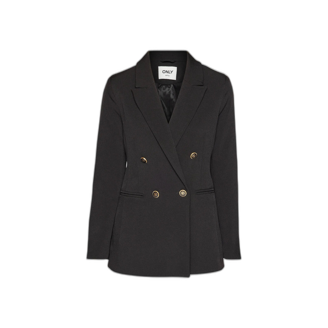 Blazer lungo doppiopetto; Slim fit. Risvolto dentellato, tasche frontali, chiusura a bottoni. Giacca sartoriale lunga, elegante e modellante. Vista frontale 