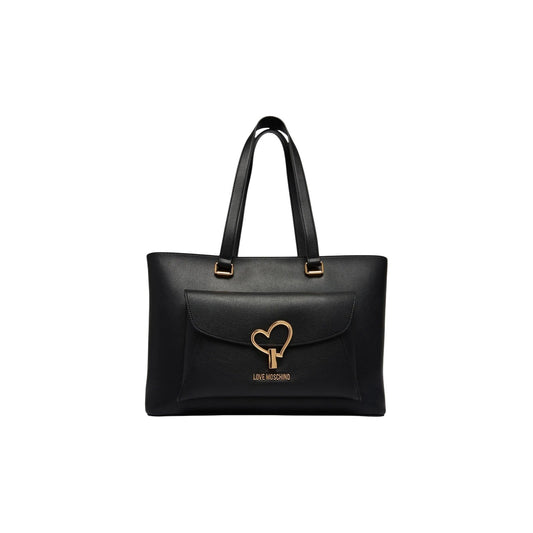 Borsa Love Moschino donna nera grande spalla modello JC4136PP1. Shopping bag shopper nera in ecopelle con tasca anteriore a patta, logo e placca a cuore in metallo dorato lucido, borsa giorno capiente per ufficio e università con chiusura a zip.