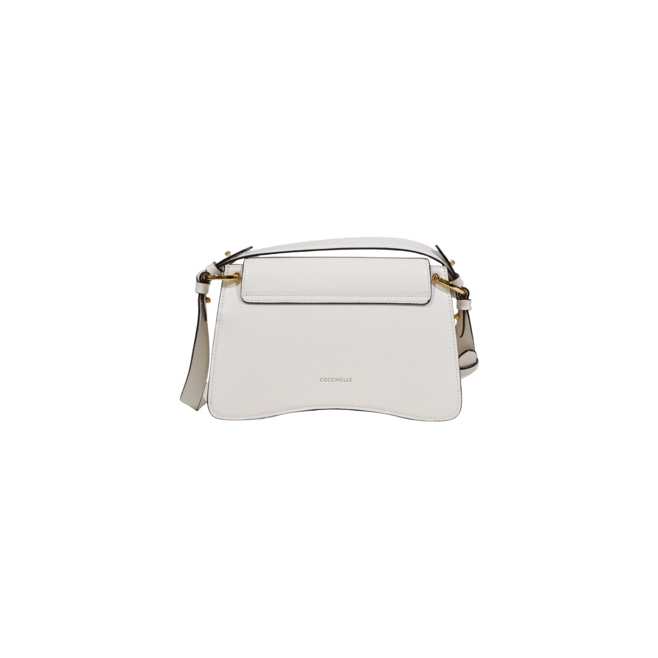 Borsa bianca in pelle con fibbia; chiusura magnetica, tracolla amovibile, peso 630g. Dimensioni compatte 23.5x16x9 cm. Stile minimal ed elegante a lunga durata. Vista posteriore 