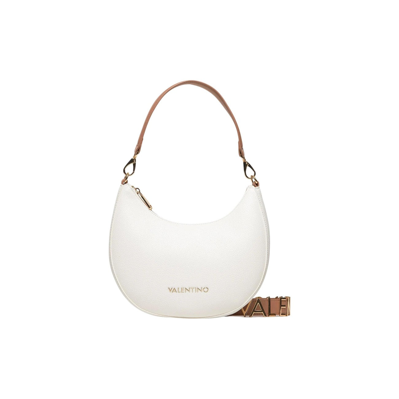 Valentino Bags Alexia Borsa a mano bianco/cuoio; struttura in poliuretano impermeabile con dettagli in metallo, volume 6 litri, stile sofisticato e versatile per ogni occasione quotidiana. Vista frontale 