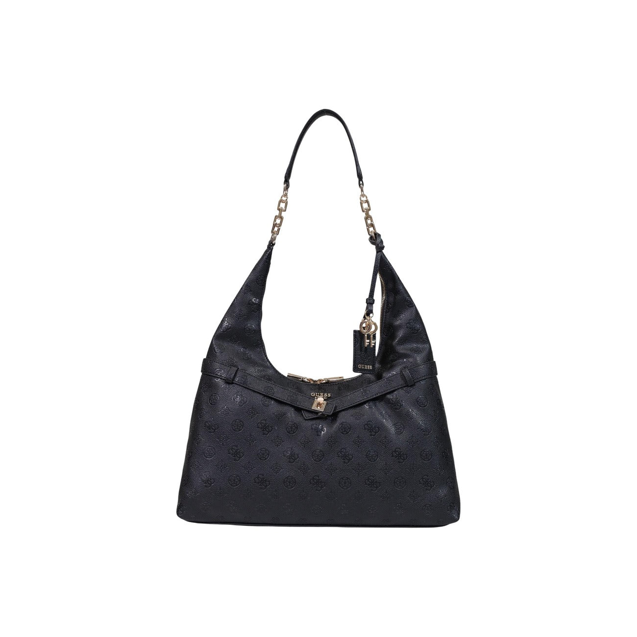 Borsa Tote Grande Donna Nera Guess Jodi; Struttura 100% poliuretano con motivo logo impresso all-over e chiusura a zip. Doppi manici con catena dorata, tasche esterne con cerniera e ciondolo con charm, stile elegante 4 stagioni. Vista frontale 