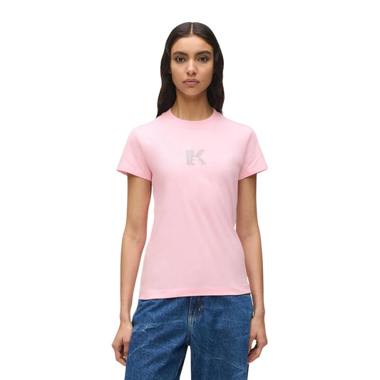 T-shirt Karl Lagerfeld Jeans Rosa; 100% Cotone. Vestibilità slim fit, maniche corte, girocollo. Logo "K" stampato, stile casual-chic ideale per tutte le stagioni. Vista frontale 