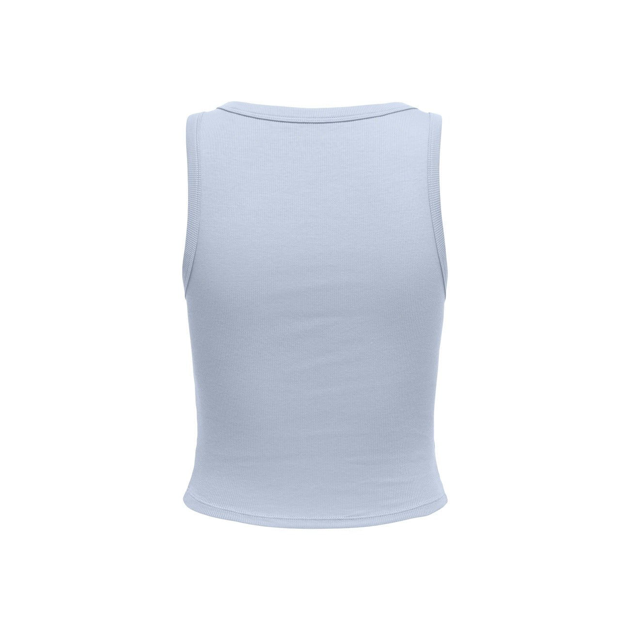 Canottiera azzurra cropped a costine con scollo a U, modello tight fit senza maniche, stile basic intramontabile. Vista posteriore 