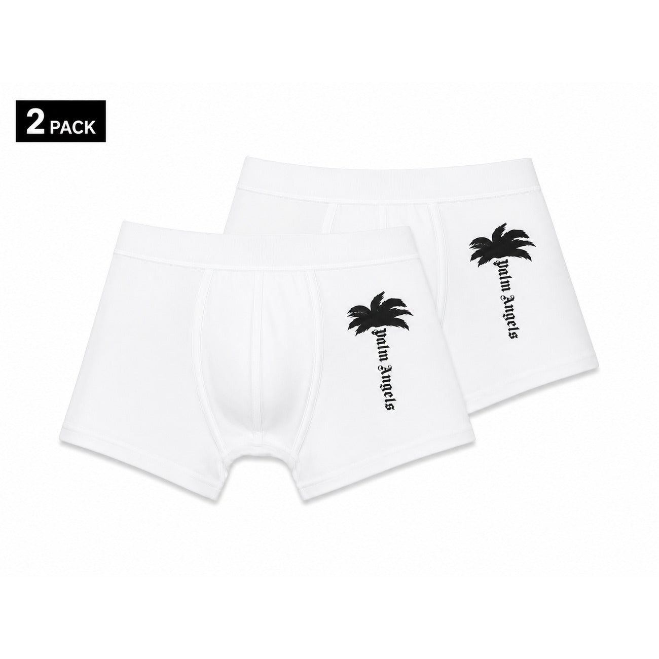 Set 2 Boxer Palm Angels; Stampa laterale su gamba. Elastico tono su tono, cotone stretch di alta qualità, vestibilità regular/aderente. Lo stile iconico Palm Angels nel tuo guardaroba intimo. Bianco