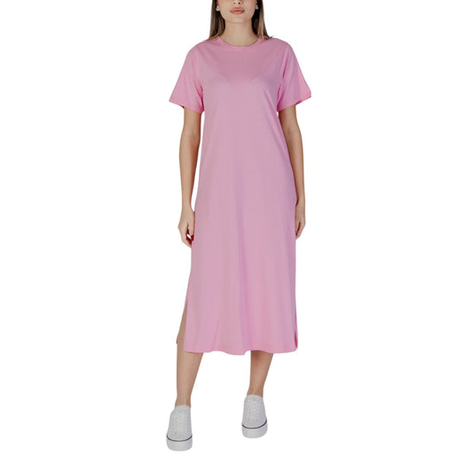 Abito midi B.young rosa con scollo tondo in cotone - vista frontale