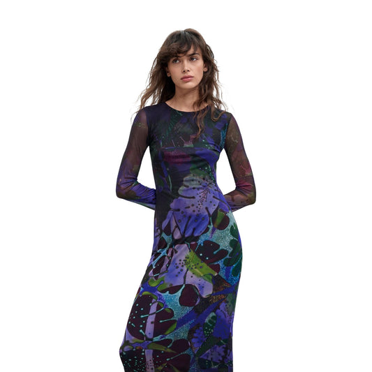 Vestito lungo Desigual donna viola M. C. Lacroix VEST LEAFS LACROIX. Abito in tulle trasparente con poliestere riciclato e viscosa EcoVero, scollo tondo, maniche lunghe e fantasia foglie blu e viola, abbigliamento donna autunno inverno.