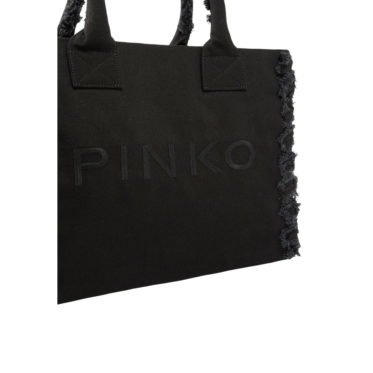 Shopper Pinko Beach Canvas; 100% Cotone. Bordi sfrangiati, logo ricamato, manici a spalla. Borsa grande estiva, morbida e resistente. Stile chic naturale. Colore nero vista frontale dettaglio logo 