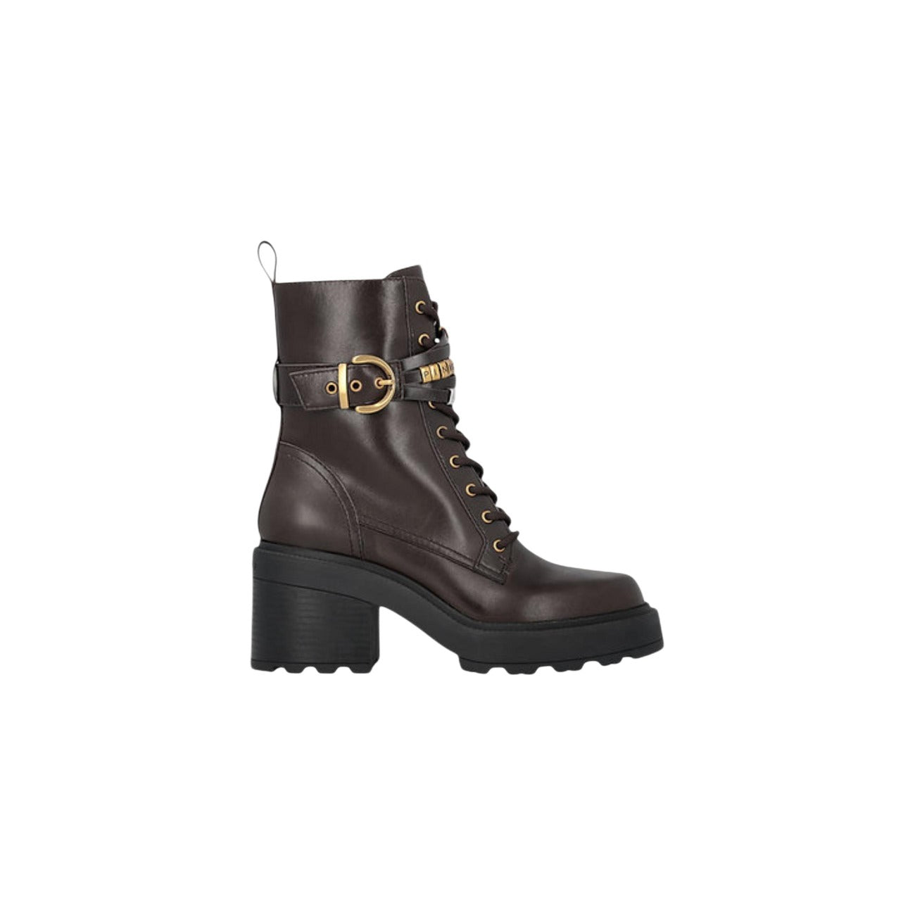 Stivaletti Pinko ALTEA 01 marroni donna SD0549P001. Anfibi in pelle marrone con suola platform da 6 cm, allacciatura frontale, cinturino con fibbia dorata e logo Pinko, stivali casual mezza stagione autunno inverno.