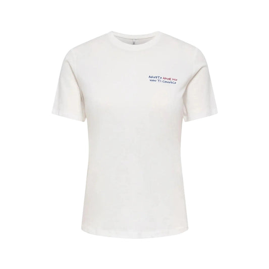 ONLY Onlmira Life Emb Tee; bianca, cotone biologico, ricamo "Agosto amor mio". La t-shirt versatile e sostenibile dal tocco romantico. Vista frontale 
