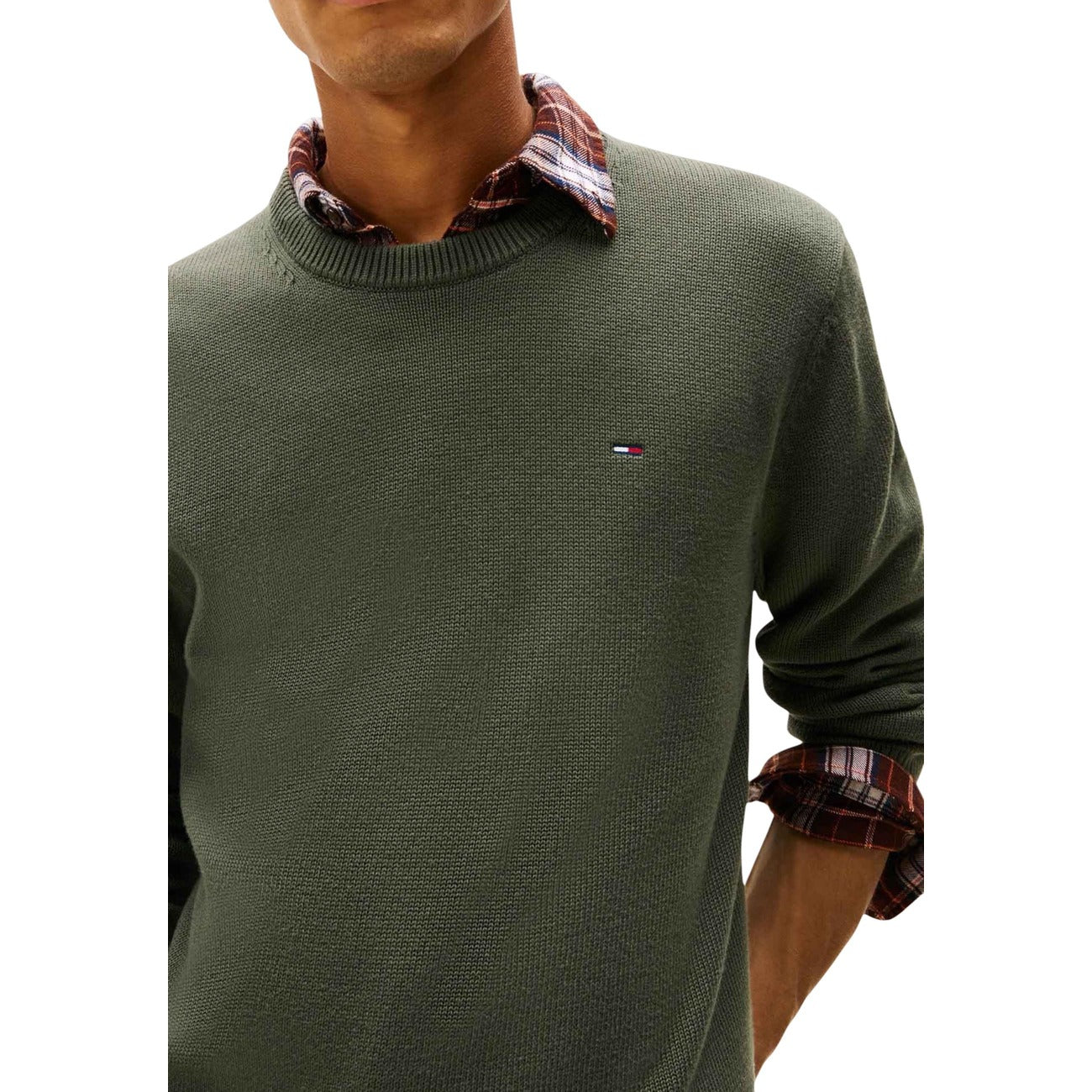 Tommy Hilfiger Jeans Maglia Uomo Verde Scollo Tondo Manica Lunga Cotone Organico Autunno Inverno DM0DM21787