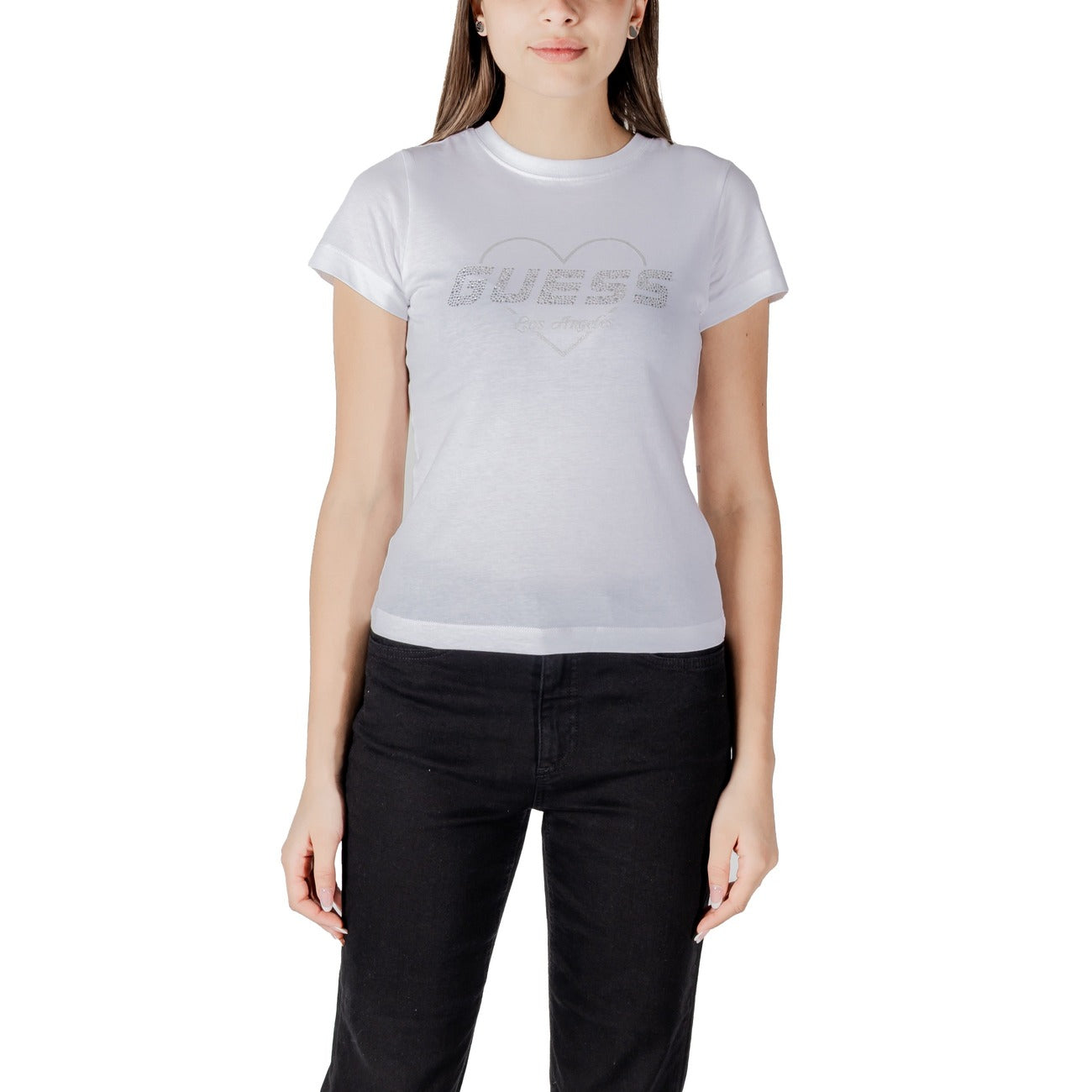 T-shirt Guess Active NARCISO donna bianca con stampa strass maniche corte scollo tondo - vista frontale 