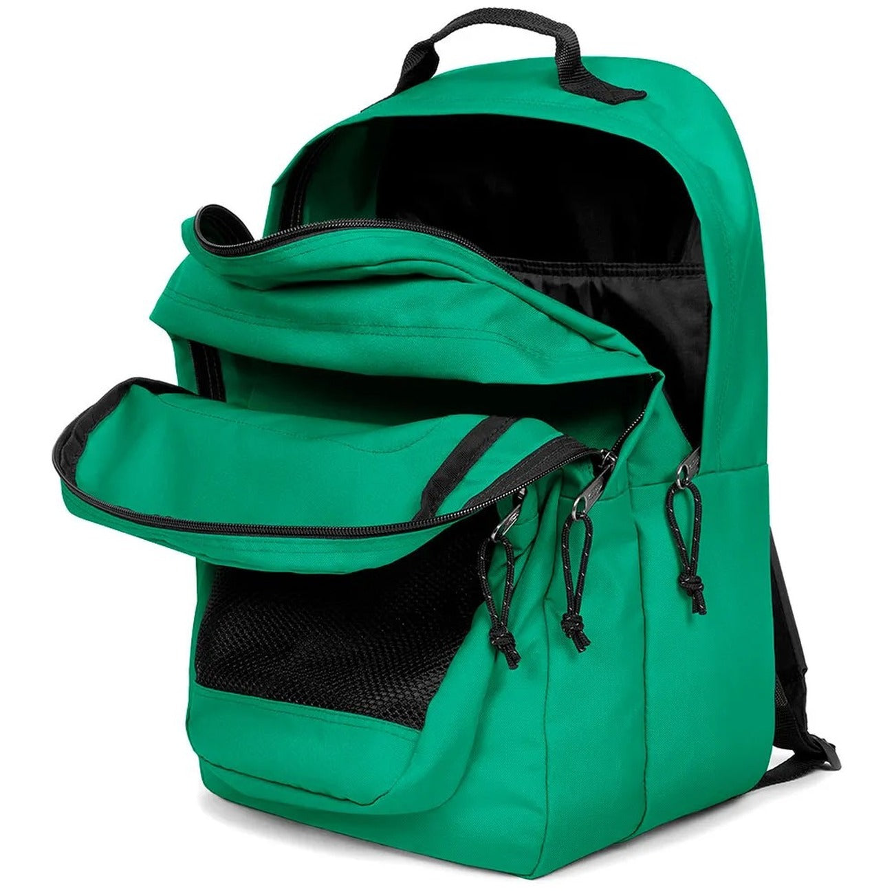 Zaino Eastpak verde; Dimensioni 29x44x28 cm. Doppio comparto con apertura a U, tasca laptop 16 pollici e portaborraccia. Organizer integrato e schienale trapuntato, stile casual-studio. Vista Aperta frontale 
