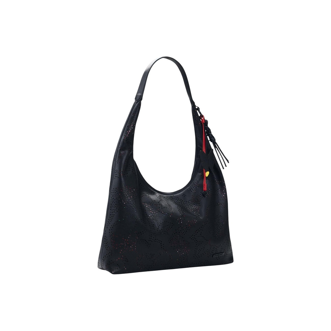 Borsa media traforata con fiori in effetto pelle su tessuto stampato, con manico fisso, manico intrecciato rimovibile a contrasto di colore e dettaglio charm a forma di farfalla. Vista frontale laterale 