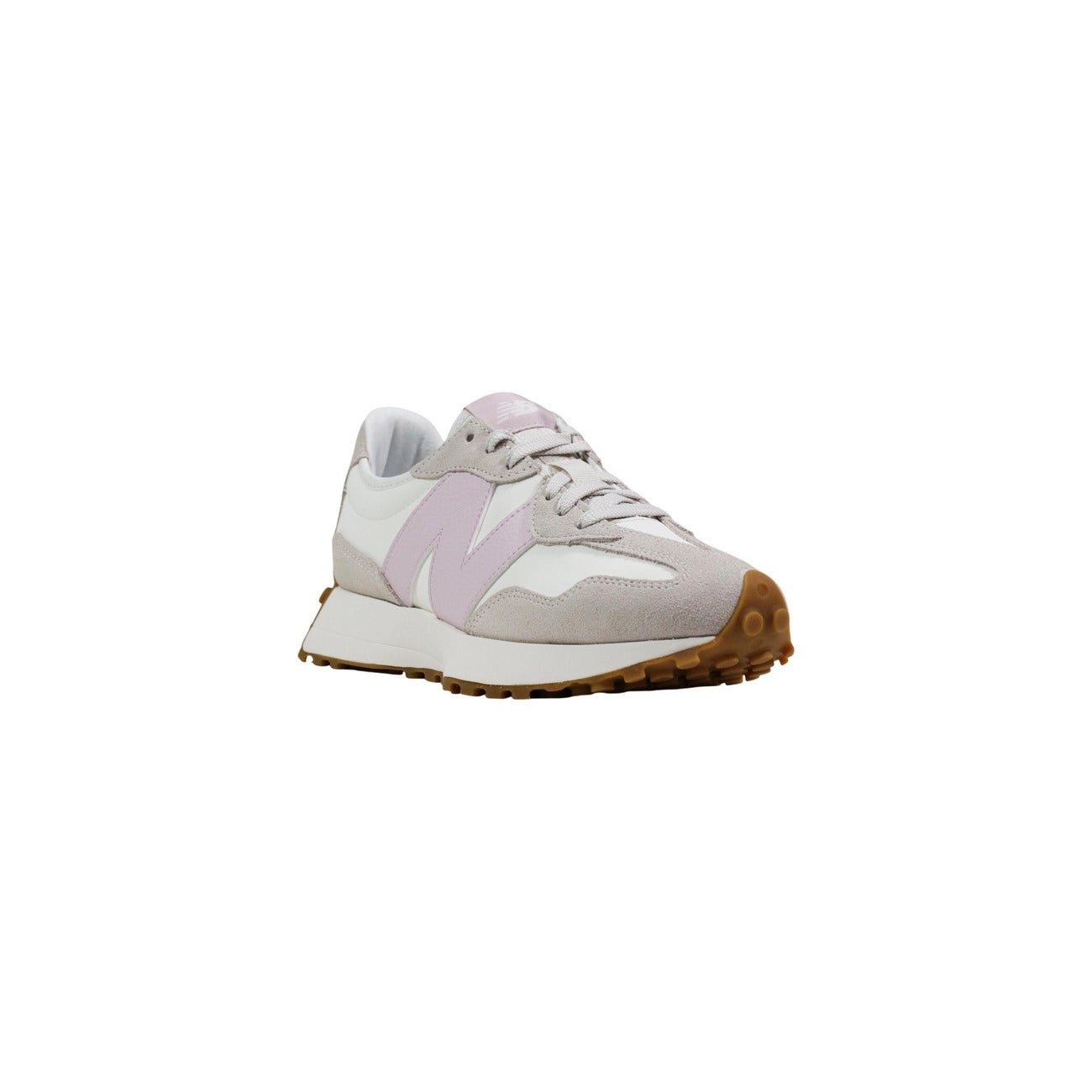 New Balance 327 White/Rose; sneakers iconiche in suede e nylon, suola con tacchetti, chiusura con stringhe. Stile retrò e ammortizzazione moderna. Vista frontale