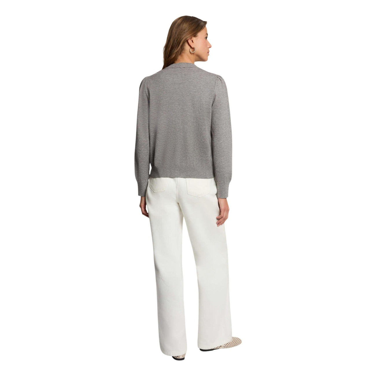 Cardigan donna con bottoni gioiello Morgan De Toi 262-MKNOT. Maglia girocollo in viscosa sostenibile e poliammide a maniche lunghe con dettagli arricciati sulle spalle.