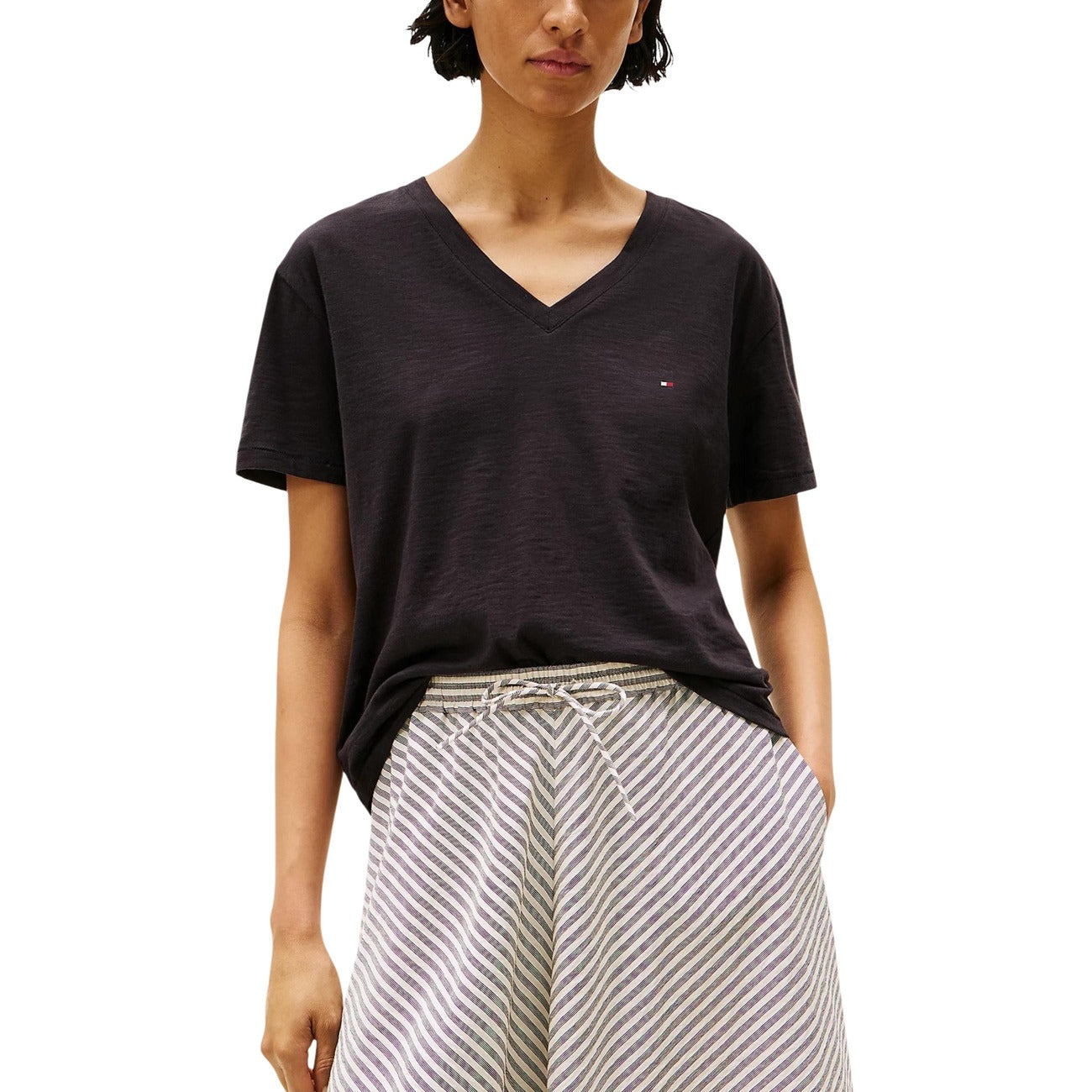 Tommy Hilfiger T-Shirt Donna Azzurro Manica Corta Scollo V Cotone Organico 100% Autunno Inverno WW0WW43901