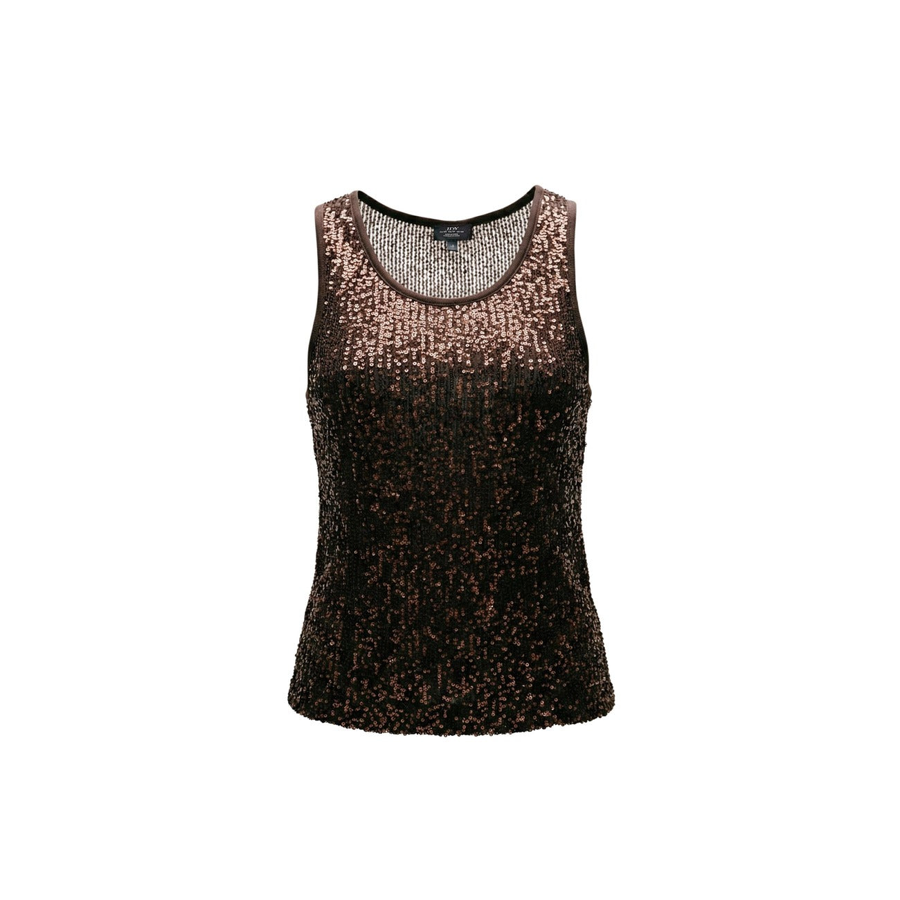 Canotta JDY Gloria Life con paillettes; 50% Poliestere Riciclato. Scollo tondo, spalline larghe, tessuto stretch. Top donna luminoso, festivo e sostenibile. Colore marrone vista frontale Stesa 
