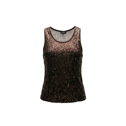 Canotta JDY Gloria Life con paillettes; 50% Poliestere Riciclato. Scollo tondo, spalline larghe, tessuto stretch. Top donna luminoso, festivo e sostenibile. Colore marrone vista frontale Stesa 