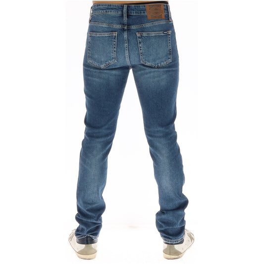Jeans da uomo Superdry a cinque tasche in denim blu, vestibilità slim affusolata, chiusura con zip e bottone, dettagli vissuti e patch logata sul retro.