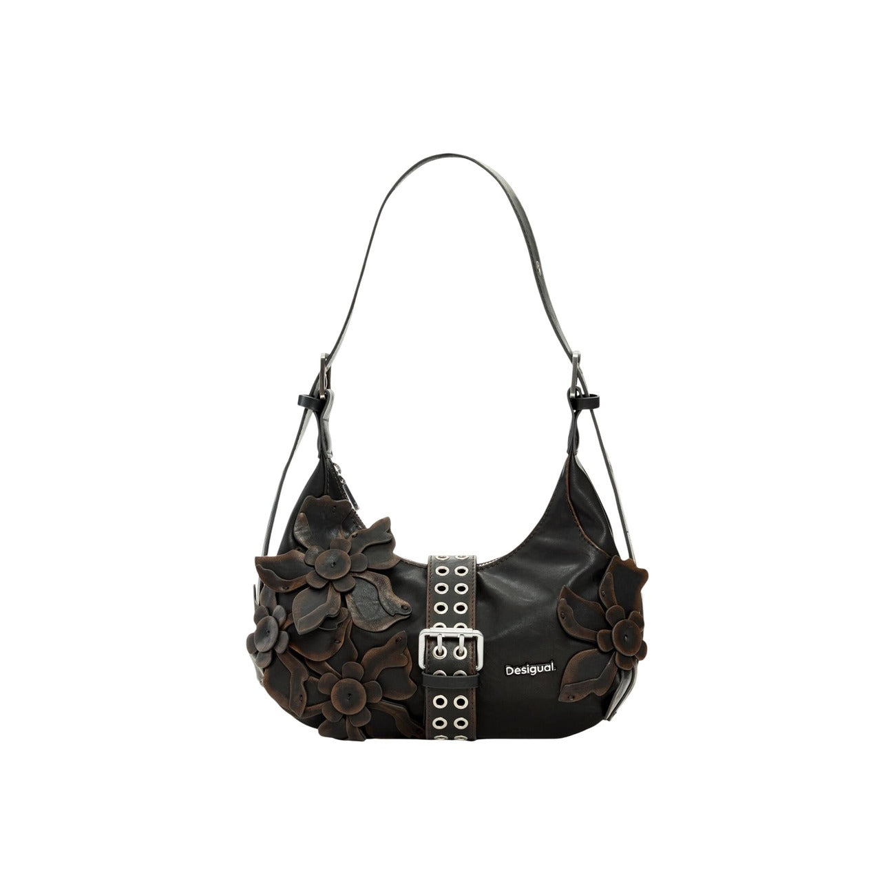 borsa piccola Desigual BAG_CURIO CHOCO MARGO in poliestere color cioccolato con dettagli floreali tridimensionali. Vista frontale 