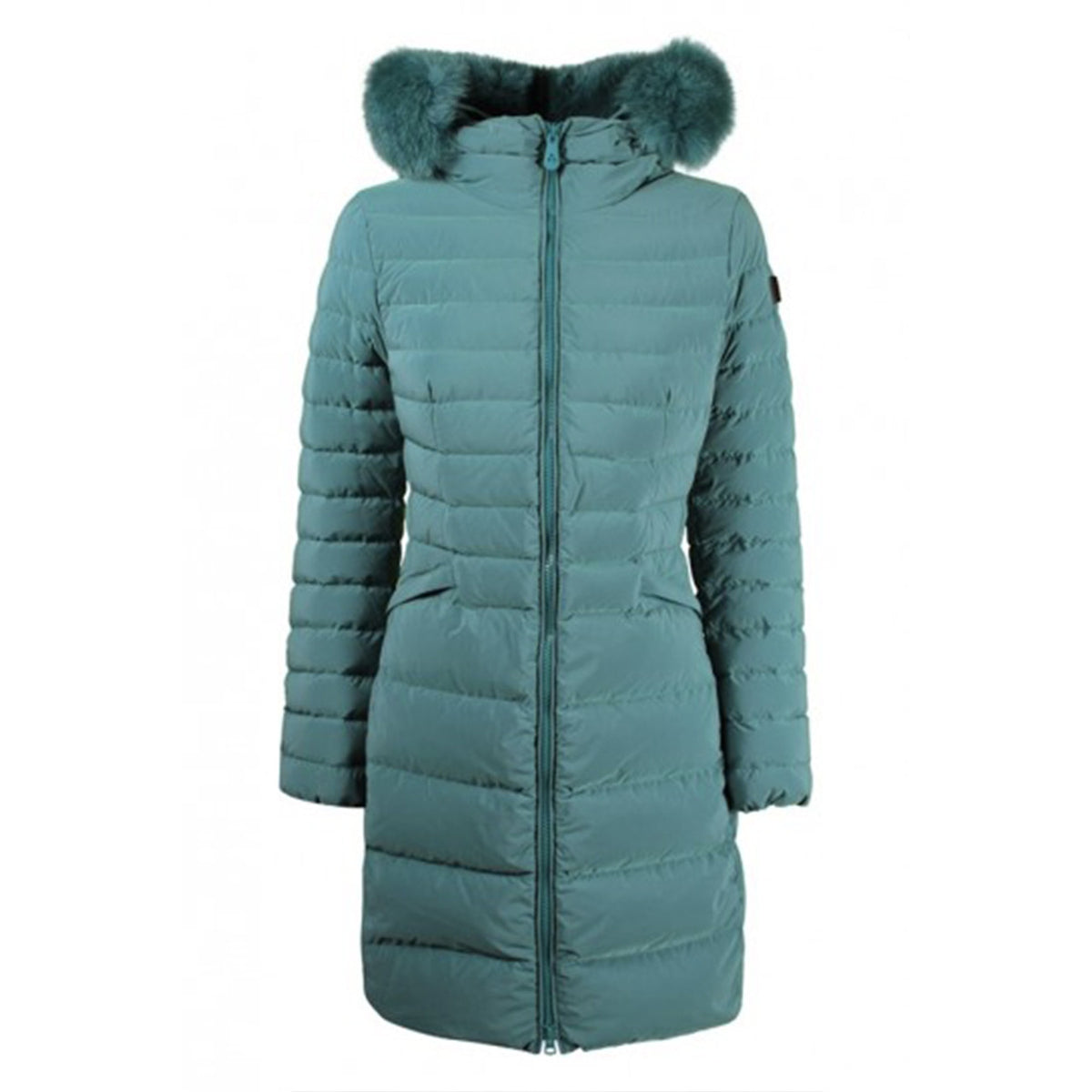 Piumino Peuterey donna turchese BO_1400 con vera pelliccia. Giubbotto invernale sciancrato idrorepellente in piuma d'oca con cappuccio e bordo in pelliccia di volpe, trapuntatura sagomata e zip a 2 vie, abbigliamento donna autunno inverno