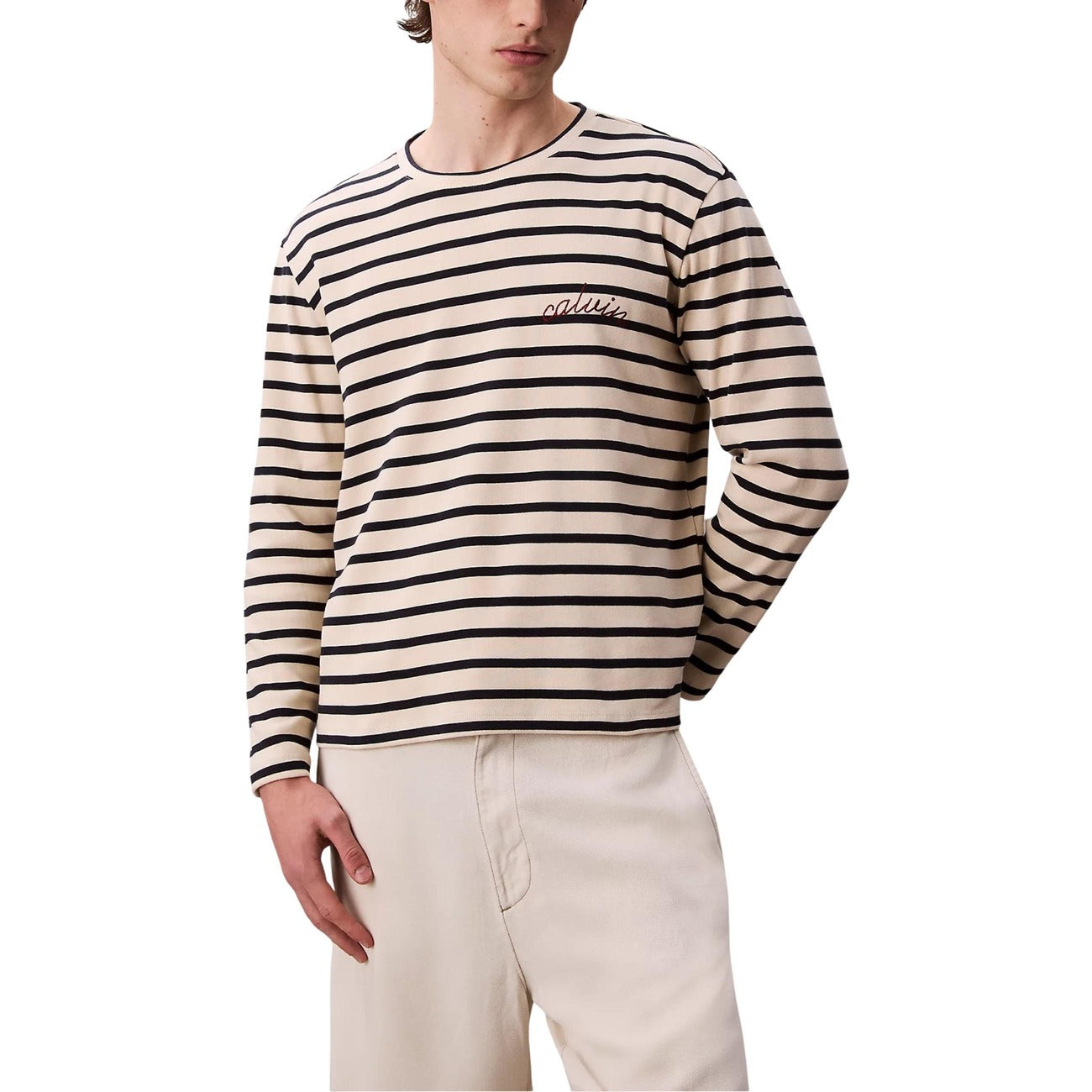 Calvin Klein Jeans T-Shirt Uomo Bianco Righe Manica Lunga Scollo Tondo Cotone Elastan Autunno Inverno LV14LC207G