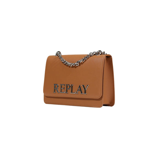 Borsa Replay Marrone; 100% Poliestere. Maxi logo, tracolla a catena, chiusura con patta. Dimensioni 25x17x7 cm. Borsa a tracolla media dallo stile casual-chic contemporaneo. Vista frontale Laterale
