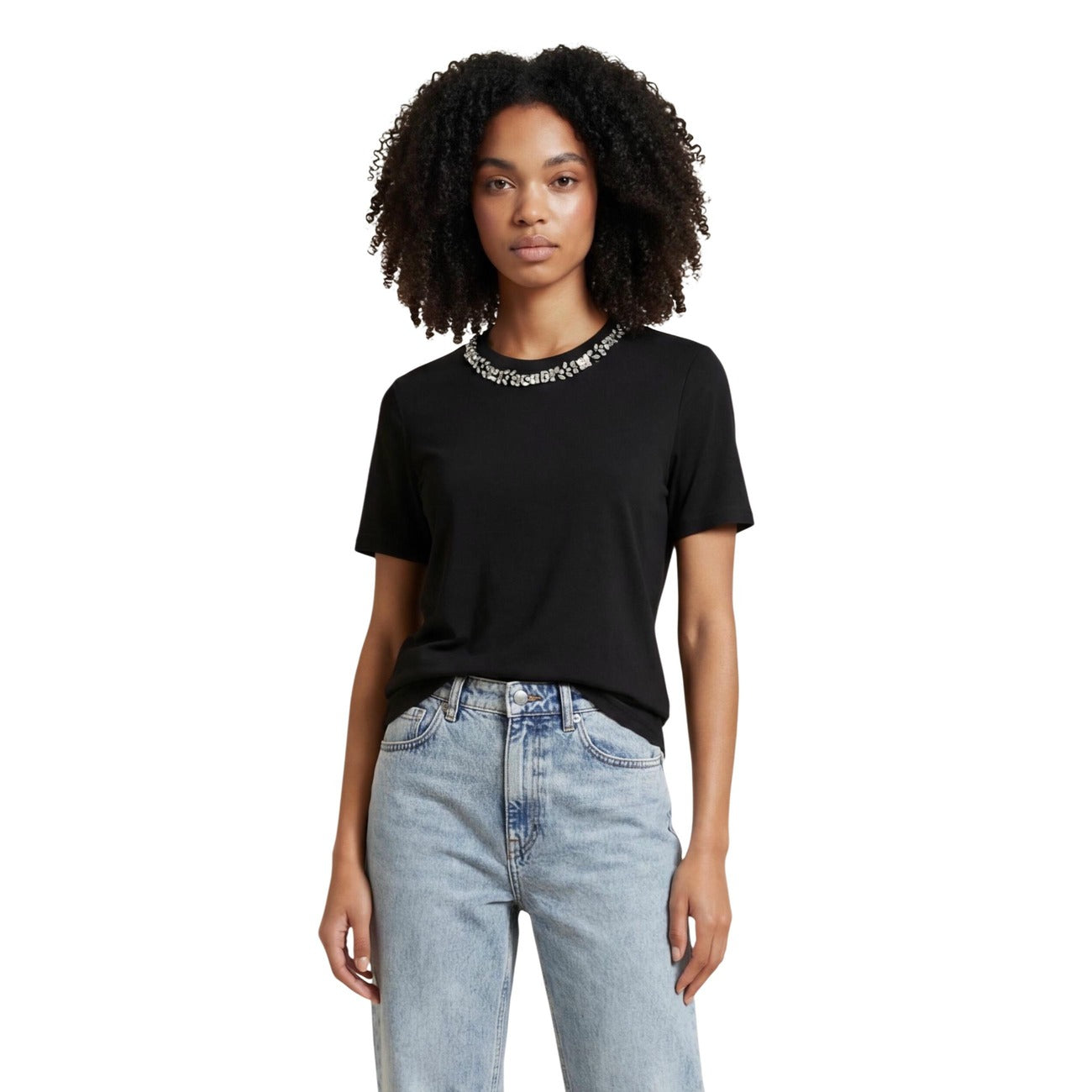 Only T-Shirt Donna Nera Strass Manica Corta Scollo Tondo 50% Cotone 50% Modal Primavera/Estate 15343568