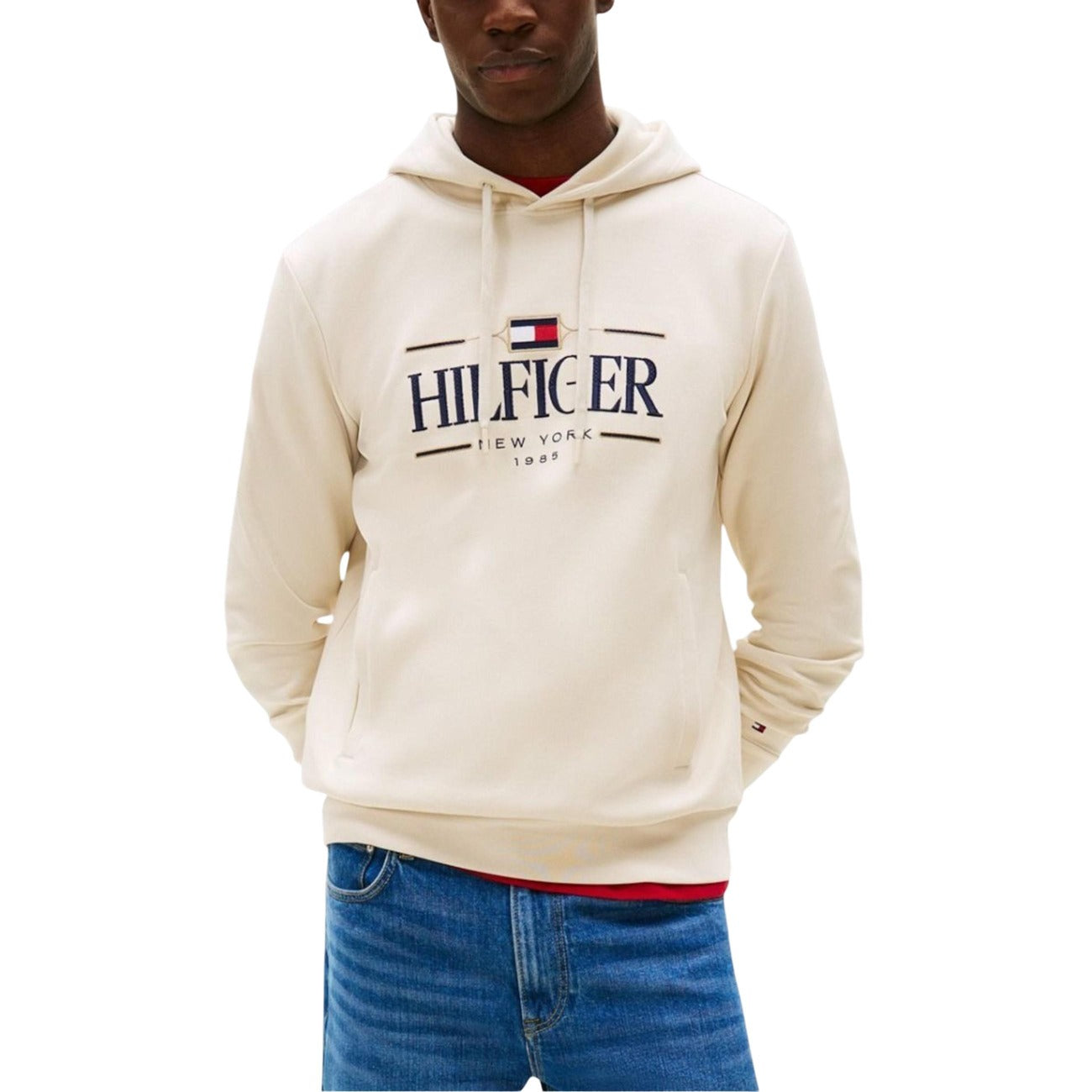Tommy Hilfiger Felpa Cappuccio Uomo Bianco Stampa Manica Lunga Scollo Tondo Tasche Cotone Organico Poliestere Autunno Inverno MW0MW39586