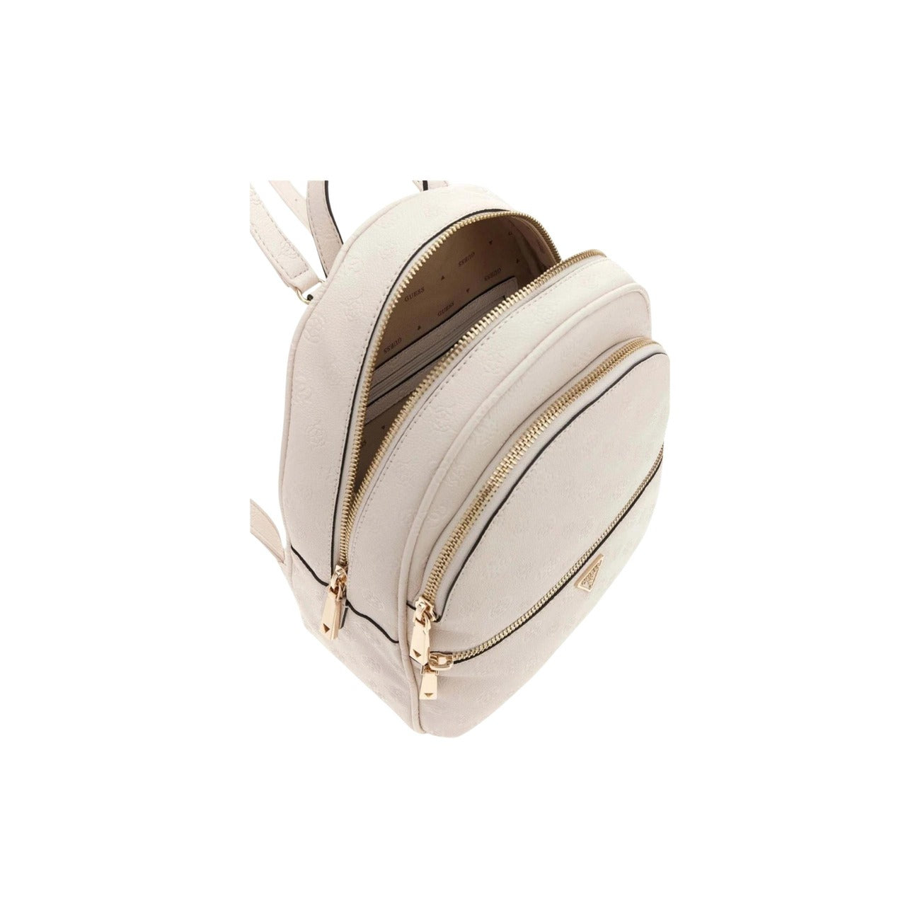 Guess Manhattan II Large Backpack HWPD71, zaino con motivo monogramma in rilievo e dettagli hardware silver/gold; interni spaziosi, doppia chiusura a zip e spallacci imbottiti, stile iconico e funzionale. Vista dall’alto 