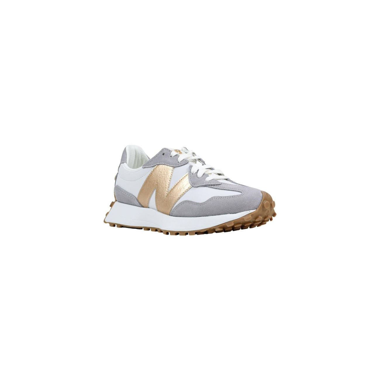 sneaker New Balance 327 da donna in pelle scamosciata e mesh grigio chiaro con un logo "N" metallizzato color oro. 
Vista frontale 