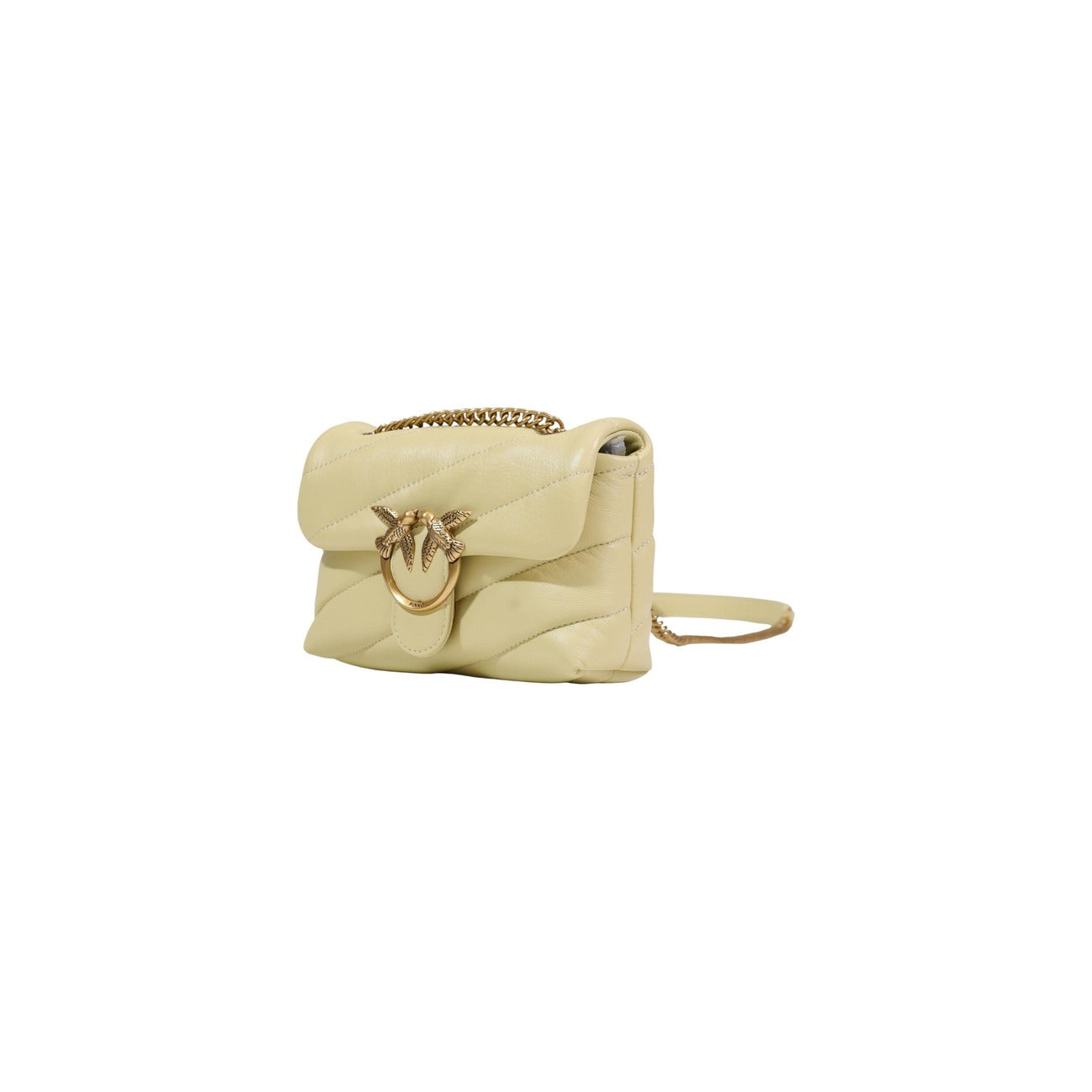Borsa Pinko Love Puff Baby Giallo; 100% Pelle Nappa. Design trapuntato soffice, fibbia dorata Love Birds, tracolla a catena. Formato piccolo (19cm), stile 4 stagioni elegante. Vista frontale Laterale 