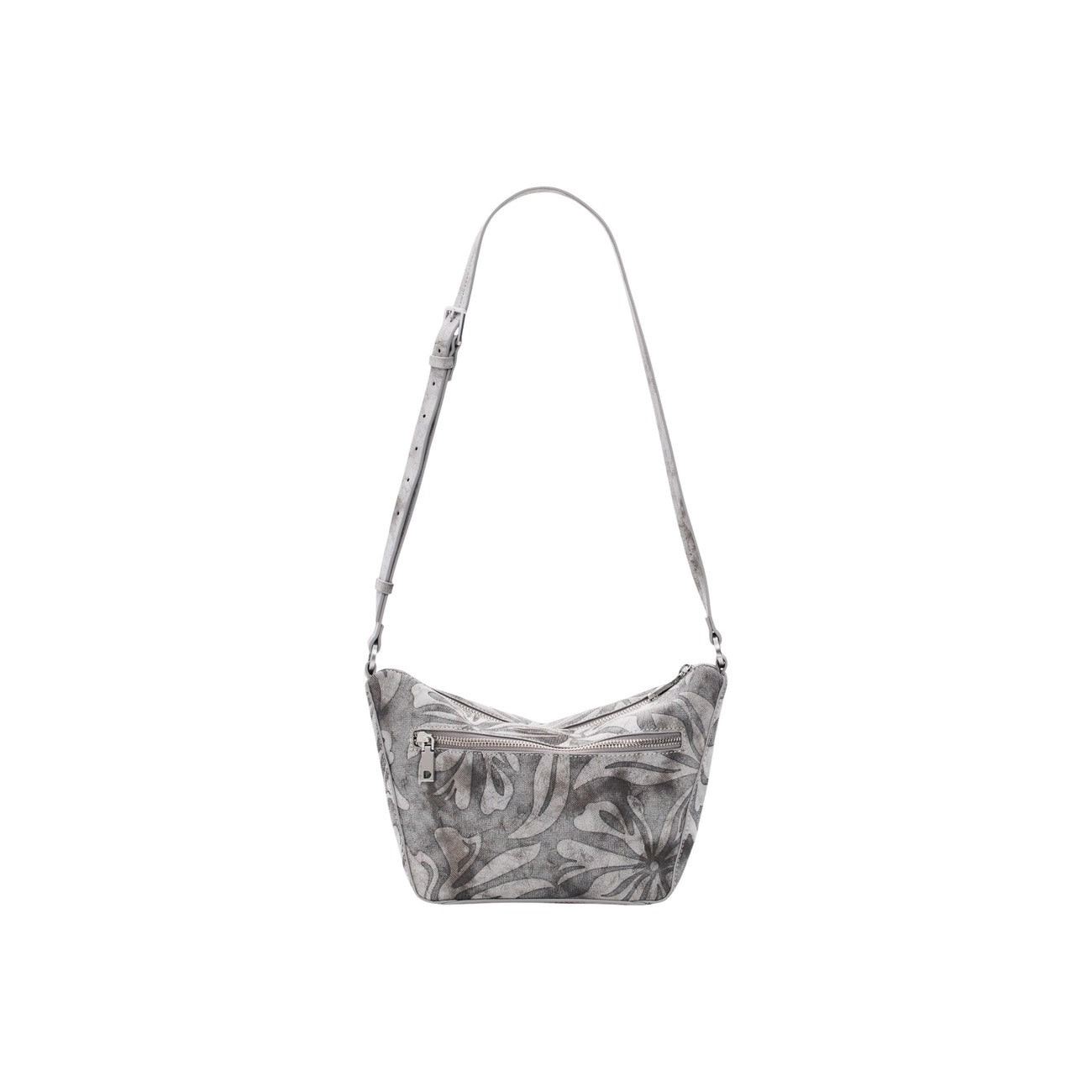 Borsa Media Ricamata SS26; effetto consumato, tracolle intercambiabili, tasche con zip. Il tocco floreale e vintage per i tuoi look estivi. Vista posteriore con tracolla 