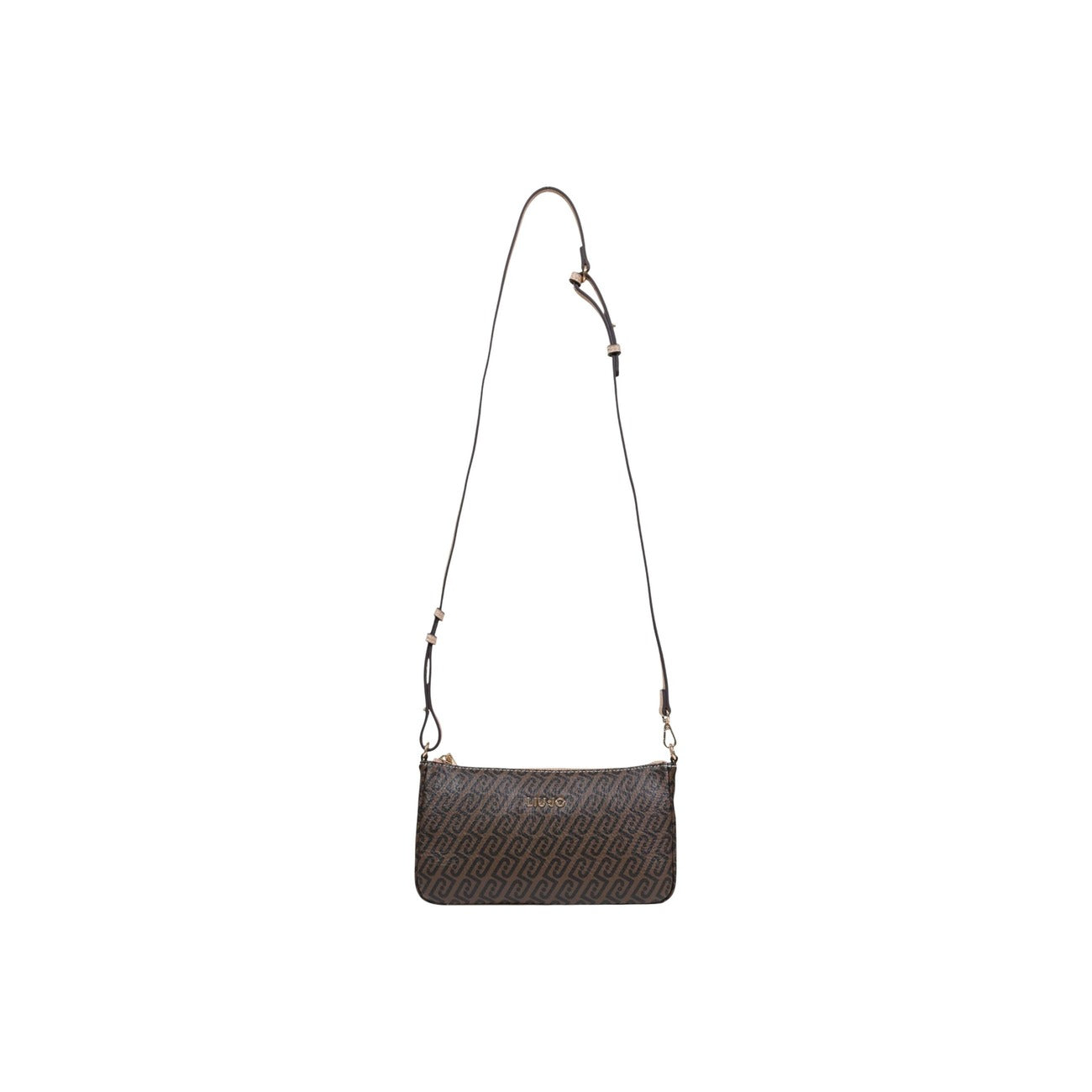 Liu-Jo Minibag Monogram; borsa marrone a bandoliera compatta con logo in rilievo e hardware gold. Stile contemporaneo e praticità firmata Liu-Jo. Vista frontale Con tracolla 