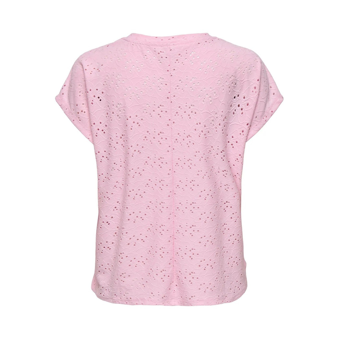 T-shirt Only donna rosa modello 15231005. Maglietta a maniche corte regular fit con scollo tondo, dettagli di pizzo e risvolto sulle maniche, top estivo casual e romantico della collezione primavera estate.