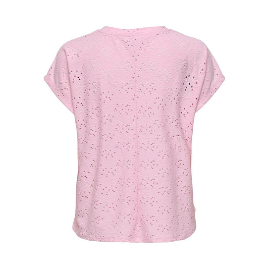 T-shirt Only donna rosa modello 15231005. Maglietta a maniche corte regular fit con scollo tondo, dettagli di pizzo e risvolto sulle maniche, top estivo casual e romantico della collezione primavera estate.