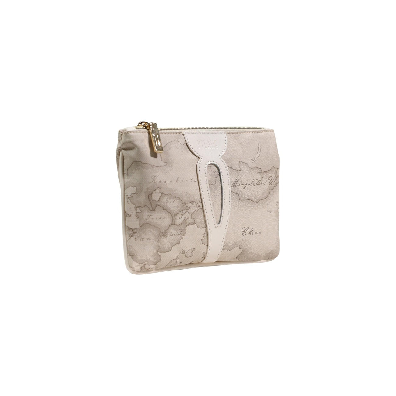 Beauty Case Alviero Martini Geo Classic; dettagli in pelle, zip dorata, stampa iconica 1A Classe. L'accessorio da viaggio raffinato e indispensabile. Vista frontale laterale 