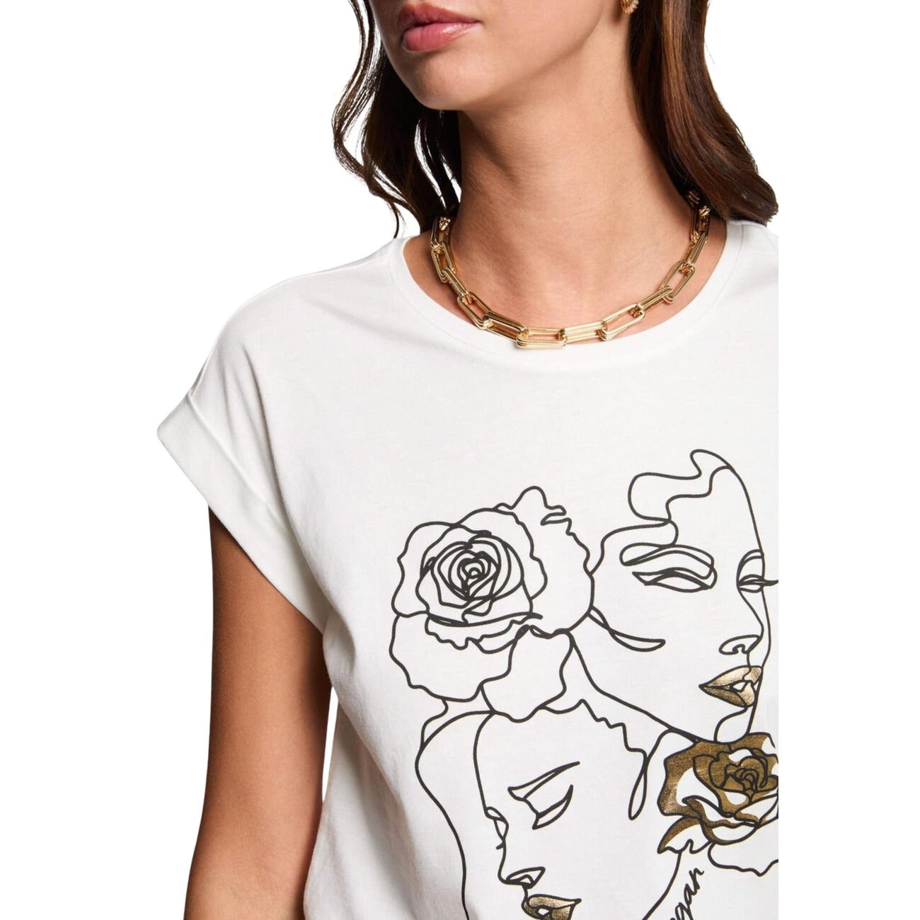 Morgan De Toi T-shirt DBELA; maglia bianca a maniche corte in cotone-modal con stampa grafica sofisticata. Comfort elevato e stile moderno per la stagione estiva. Vista frontale dettaglio 