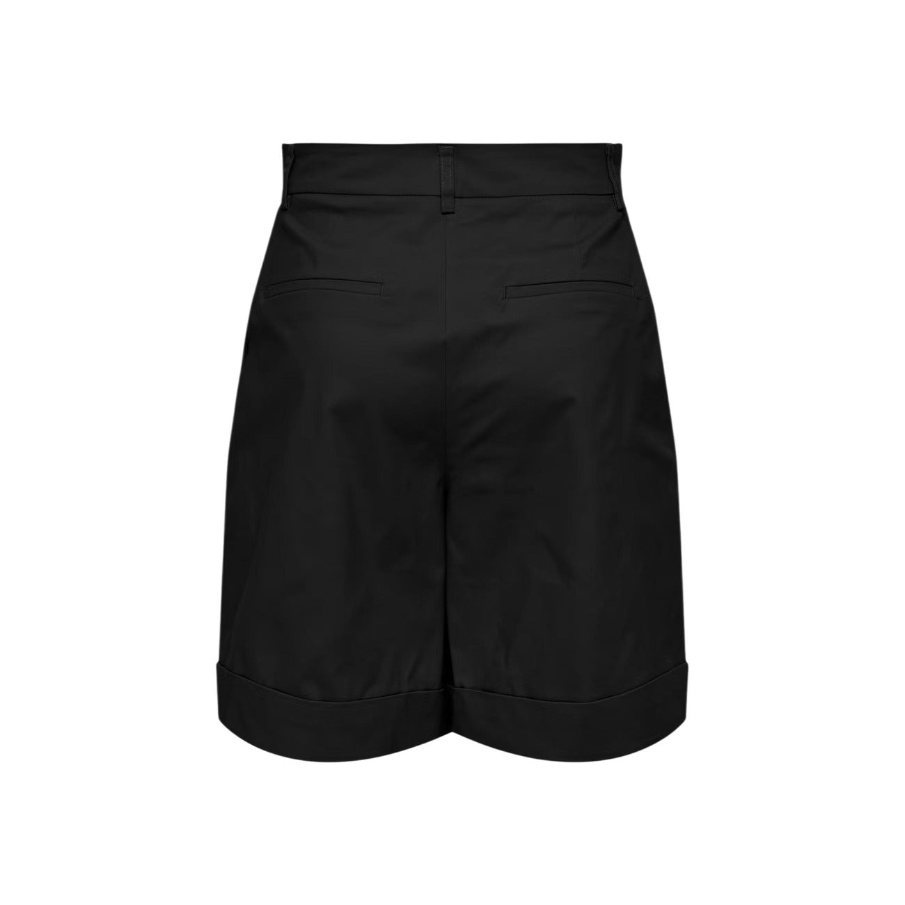 Bermuda Donna Neri Jacqueline de Yong; Pantaloncino sartoriale a vita alta in misto cotone stretch con pinces e risvolto sul fondo. Dotato di tasche laterali, stile casual-elegante per la primavera e l'estate. Posteriore stesa 