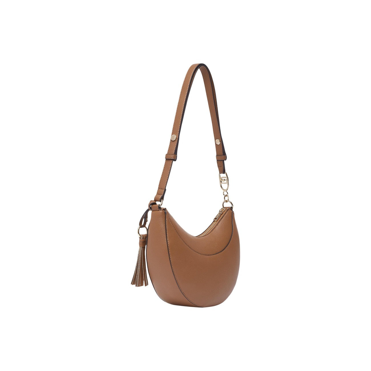Borsa Hobo Liu Jo ECS M; 100% Poliuretano Marrone. Stampa bottalata, catena logo LJ, chiusura con zip e tracolla. Prodotto eco-friendly "Liu Jo Better". Vista posteriorebl