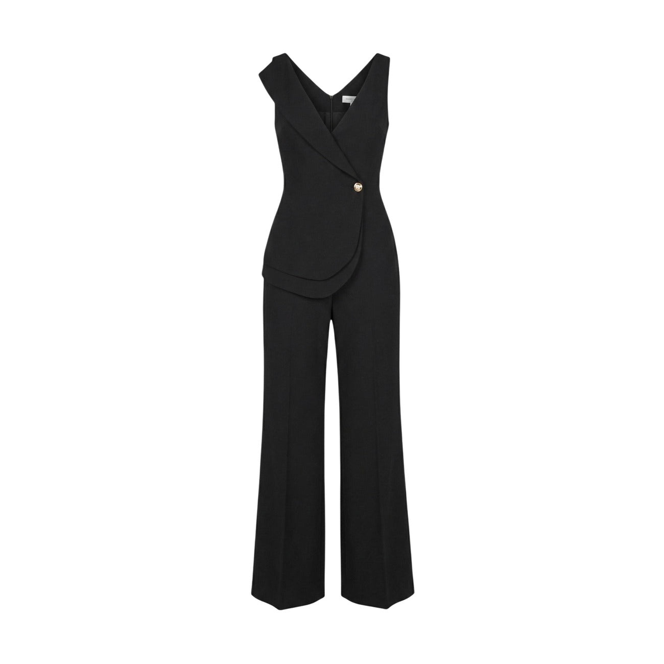 Artigli Jumpsuit nera Doppio Pannello; tuta elegante con scollo a V, bottone gold e gamba larga. Tessuto tecnico antipiega, stile sofisticato e contemporaneo. Vista frontale Stesa