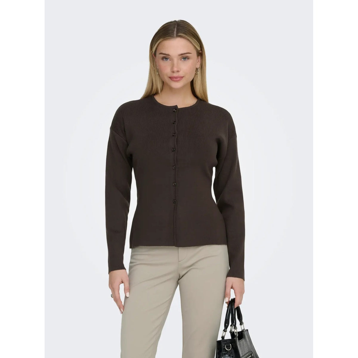 Cardigan in maglia piatta da donna Only codice 15370435 con maniche voluminose, scollo paricollo e chiusura a bottoni nei colori marrone Chocolate Torte, blu Night Sky e grigio Light Grey Melange.