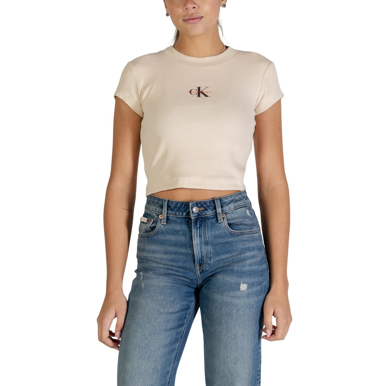 Calvin Klein Jeans T-Shirt basic MONOGRAM BABY TEE Donna Maniche Corte Colore beige. Vista frontale 