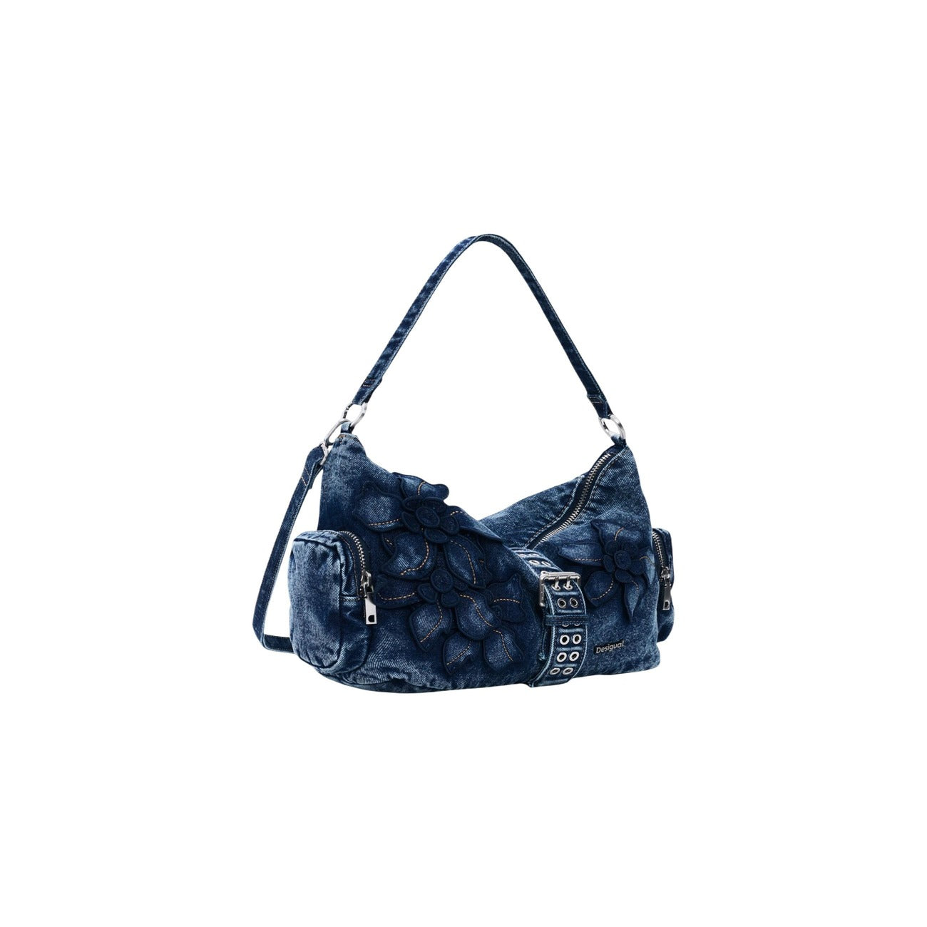 borsa a mano Desigual Medium Floral in denim blu Vista frontale laterale 