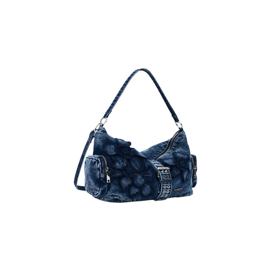 borsa a mano Desigual Medium Floral in denim blu Vista frontale laterale 